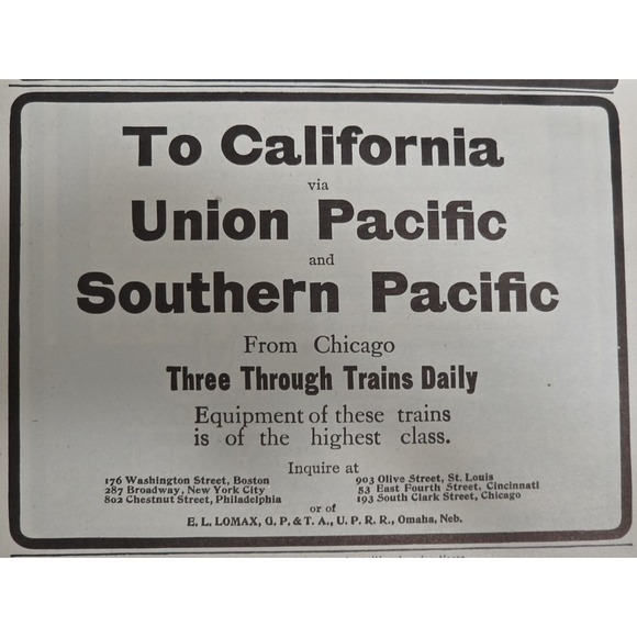 1904 Union Pacific Southern Pacific Railroad Print Ad To California 1900s